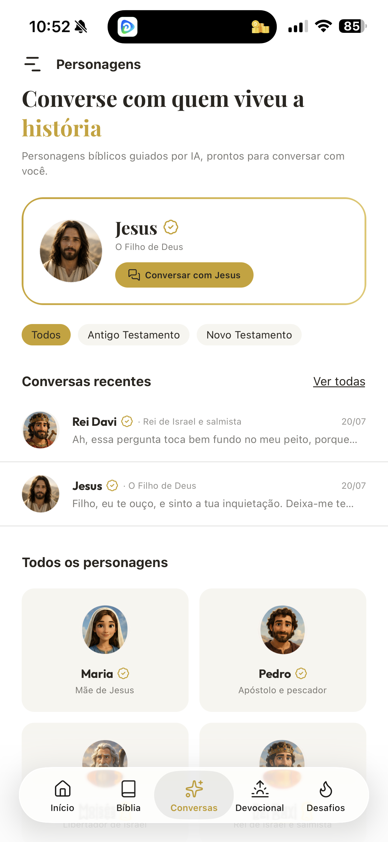 Tela do app: Personagens com IA